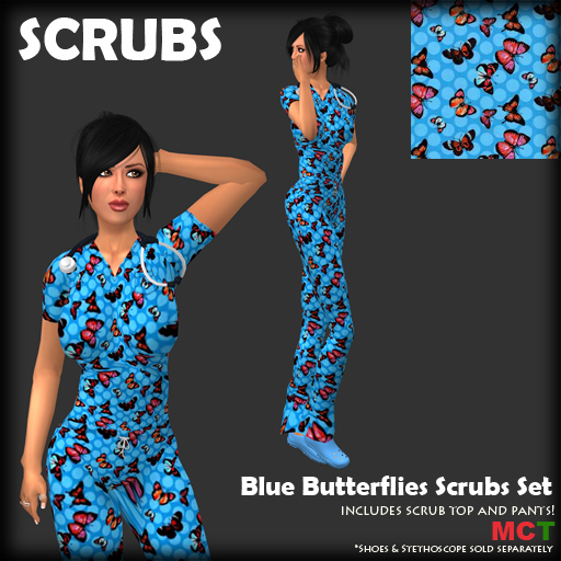 Second Life Marketplace *SCRUBS* Blue Butterflies Scrubs Set